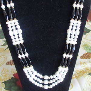 Vintage 3 Strands Faux Pearl and Black/Goldtone Beaded Necklace